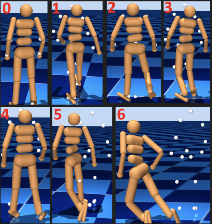 Simulation of a humanoid with a hip exoskeleton balancing on a moving platform and tracking human gait.
