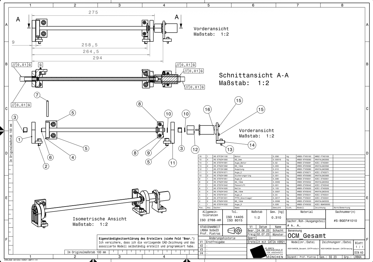 Exploded CAD view of the opening/closing mechanism with shaft, bearings and motor coupling.