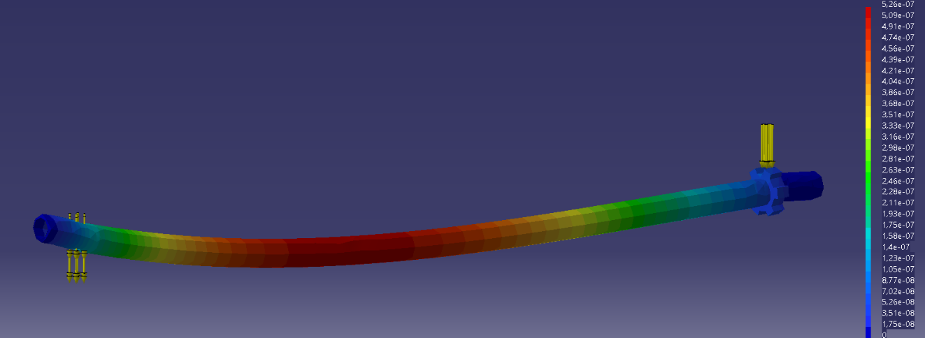 FEM visualization of shaft deflection and stress under launch loads.